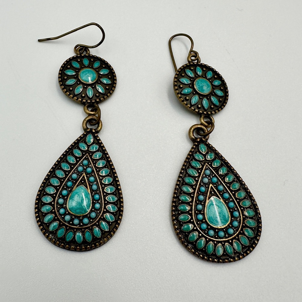 Boho Turquoise Bronze Teardrop Chandelier Dangle Earrings Southwestern Tribal - Picture 3 of 5
